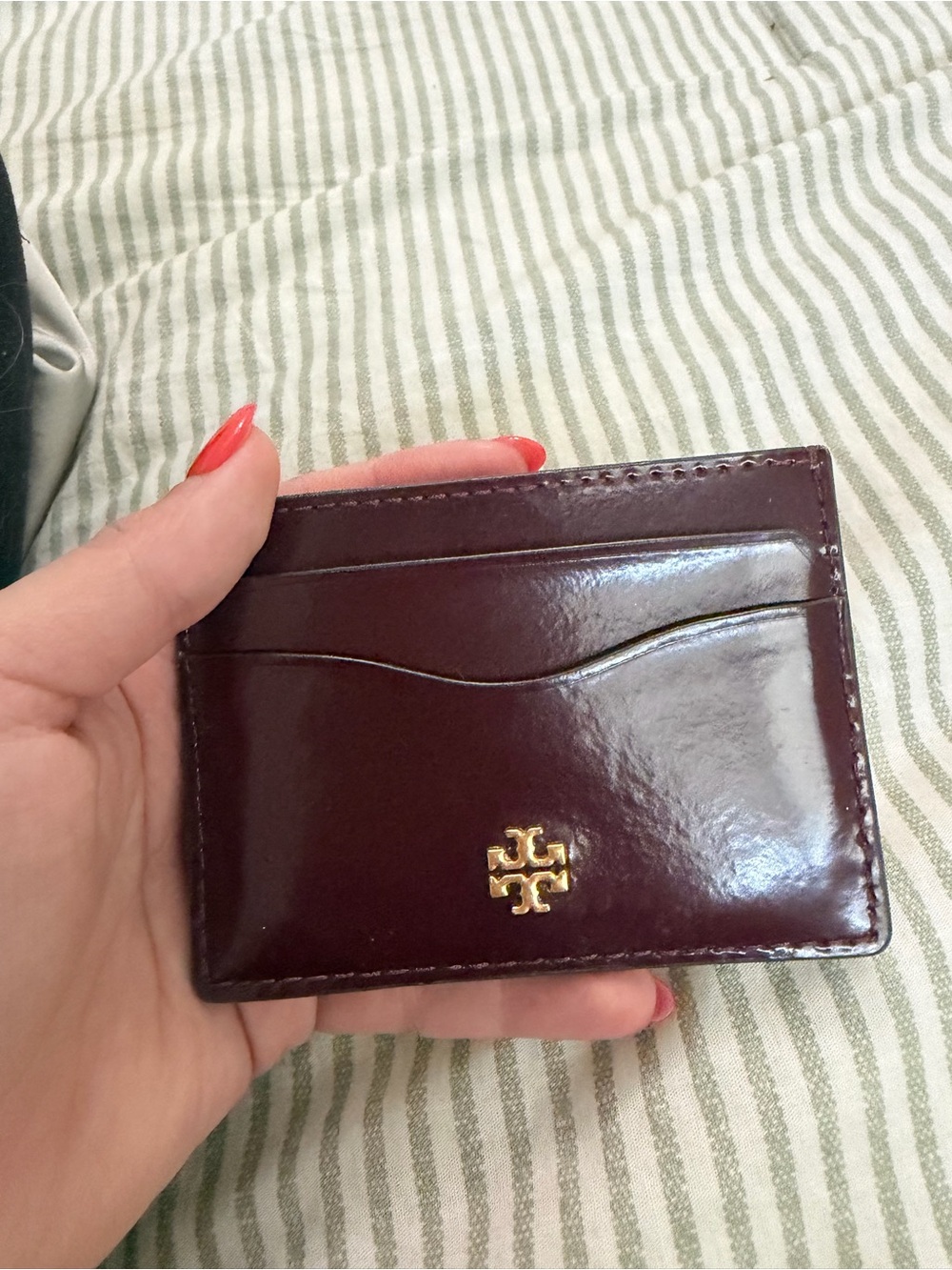 Tory Burch Burgundy Patent Leather Card Holder with Gold Logo